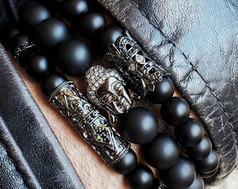 Black Onyx Bracelet, Buddha Bracelet, For Him, Mens Bracelet, Men's Jewelry, Fleur De Lis Bracelet, Fathers Day Gift, Yoga Bracelet, For Him