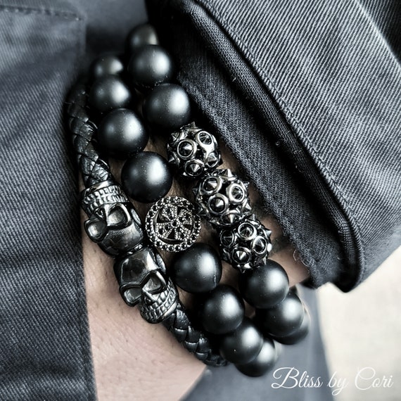 Black Onyx Stretch Bracelet Skull Bracelet Gothic Bracelet Mens