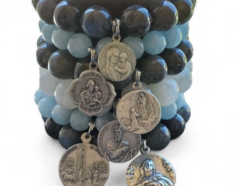 Labradorite & Aquamarine Religious Medal Reiki Healing Gemstone Bracelet Stack