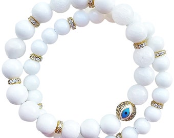 White Jade Evil Eye Reiki Healing Beaded Bracelet Stack