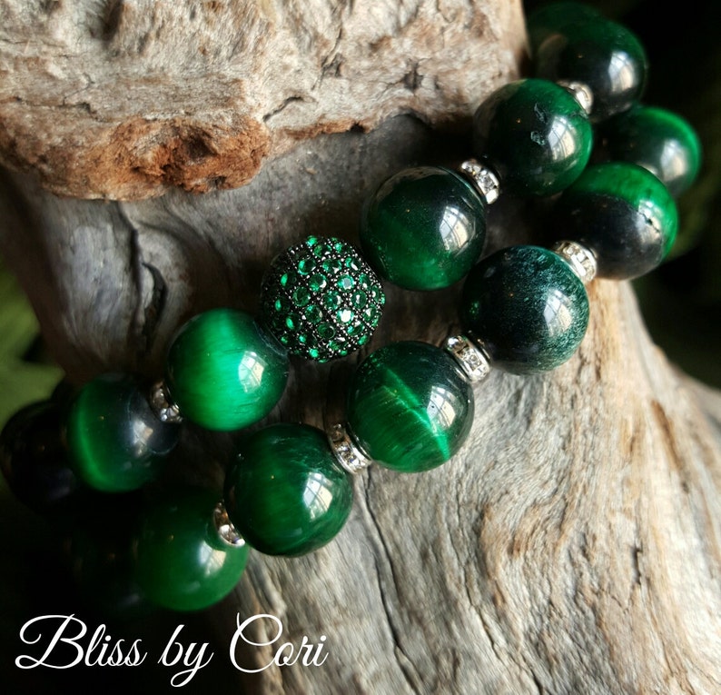 Green Tiger/'s Eye Beaded Stretch Bracelet Duo with Micro Pave Bead *FREE SHIPPING*