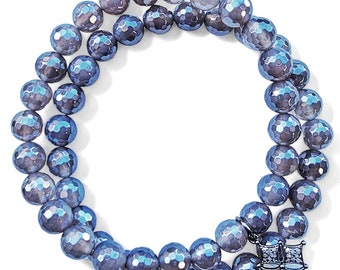 8mm Faceted Silverite Agate and Pave Diamond Reiki Healing Beaded Gemstone Bracelets