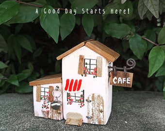 Rustic Village Haven: Handcrafted Hardwood Acrylic Painted Miniature Cafe - Collectible Wooden Village - Lovely and Unique Gift