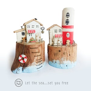 Miniature Wooden House and Light House, Shelf Ornaments, Cliff top cottages, Seaside scene, Beach house decor, Little wooden cottages
