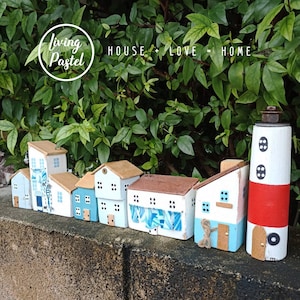 Handcrafted Rustic Wooden Mini Beach Houses with Lighthouse - Seaside Collectibles and Nautical Decor, Mini wooden village handmade gift