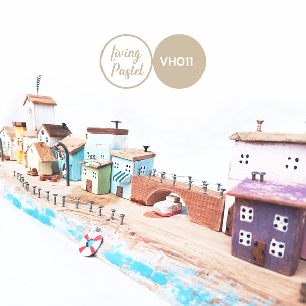 Miniature Fisherman's village, driftwood cottages, little wooden houses, driftwood houses, rustic home decor, Seaside scene, nautical theme