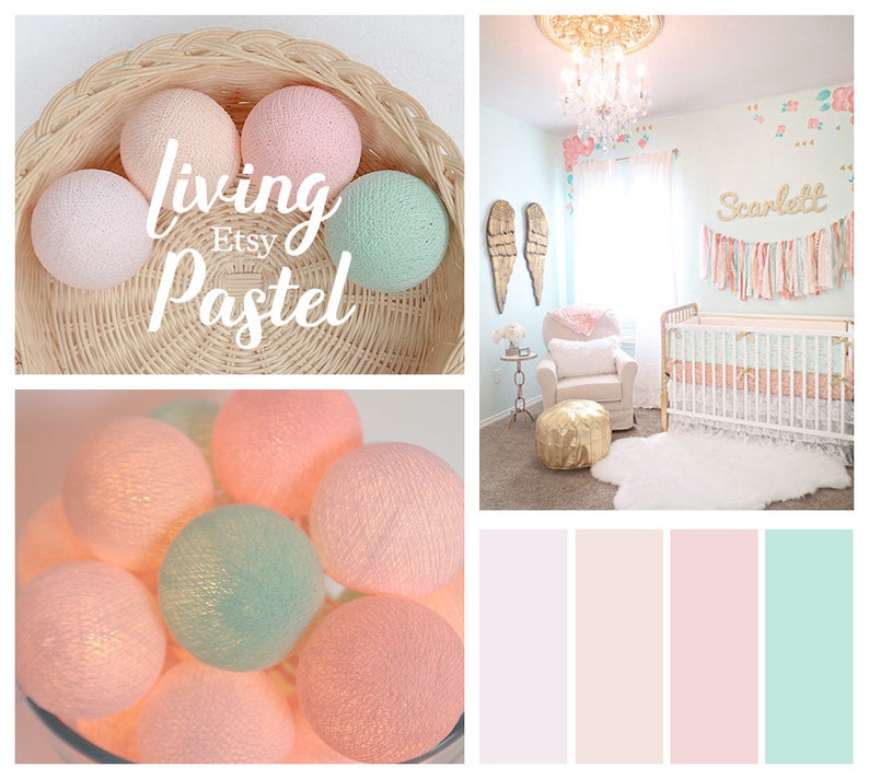 Cotton Ball String Lights Girl Bedroom Fairy Nursery Lighting Decor Baby Shower Pastel Garland Light Pink, Light Peach, Misty Rose, Mint image 1