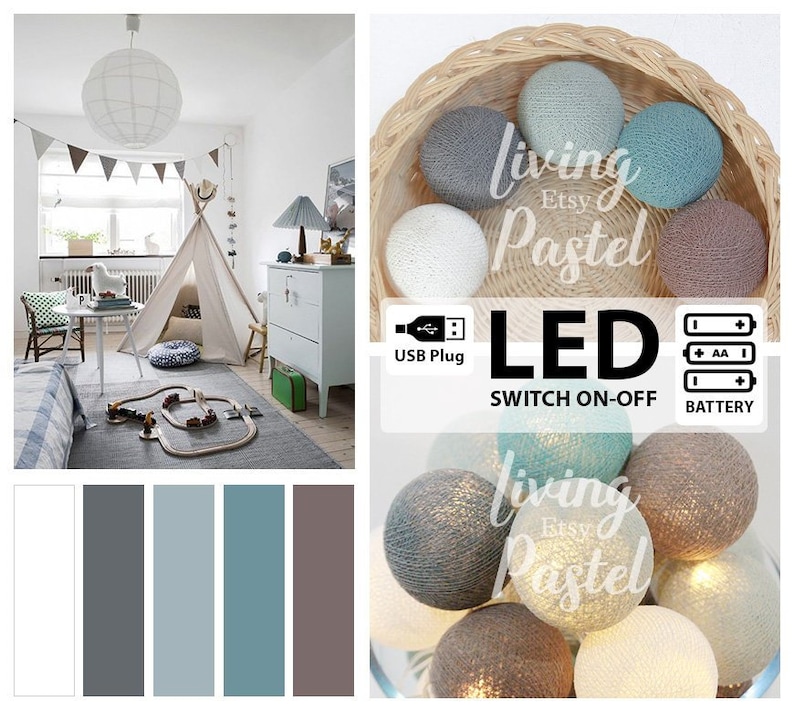 PASTEL COTTON BALL LED BATTERY//USB STRING LIGHTS Nursery Bedroom Kids room Decor