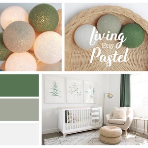 Luci a stringa con palline di cotone, per cameretta dei bambini, per cameretta dei bambini, decorazioni per dormitorio, baby shower, tonalità pastello terra - bianco latte, salvia, verde felce