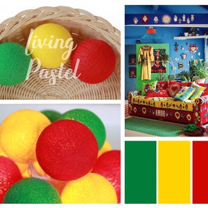 May include: A collection of spherical string lights in vibrant red, yellow, and green colors. The set includes individual round balls with a textured thread finish, shown both in a woven basket and illuminated as a strand, alongside a room interior.