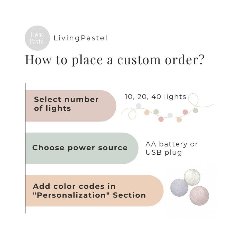 Custom Color Cotton Ball String Lights for Bedroom, Baby Shower, Teepee, Kids House Bed image 9