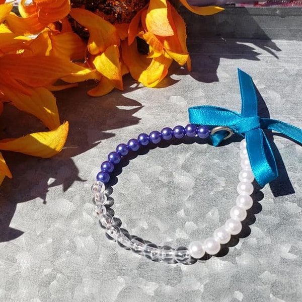 Blue White Clear Bead Tie Bracelet Jewelry Beaded Unique Teen Adult Gift Bow Teal Unique Handmade OOAK One of a Kind Beautiful Girl Girly