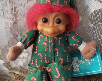 Vintage Troll Russ Candy Cane PJs Pajamas Plush Stuffed Stuffie Plushies 90s 80s 1990s Tag Gift Christmas Holiday Kids Child Toy Collectible