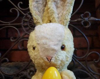 Clare Creations? Stuffed Plush Mohair 1940s 1950s Rabbit Bunny Easter Egg Rattle Vintage Old Unique Plush Plushy Toy Plushie Pretend Play