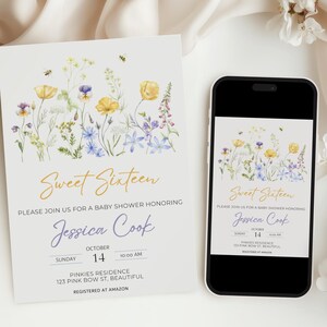 Sweet 16 Editable Birthday Invitation Sweet Sixteen Party Evite Glamour Birthday WildflowersInvite Canva Template Instant Download