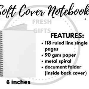 May include: White soft cover notebook with a metal spiral binding. The notebook is 20 cm tall and 15 cm wide, with 118 ruled line pages made of 90 gsm paper. Features a document folder inside the back cover. The text on the image says "Soft Cover Notebook".