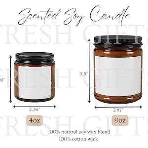 Tabela de tamanhos de potes de vela de soja perfumada âmbar 4 onças 9 onças, POD Impressão sob demanda Mock Up