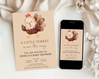 Little Turkey on the way Baby Shower Invitation, Thanksgiving Baby Invite Printable, Fall Evite Instant Download Editable Canva Template