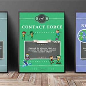 May include: Three illustrated posters with a green, blue, and gray background. The posters are titled "Forces", "Contact Force", and "Non-Contact Force". Each poster has a definition of the force and an illustration of people demonstrating the force.
