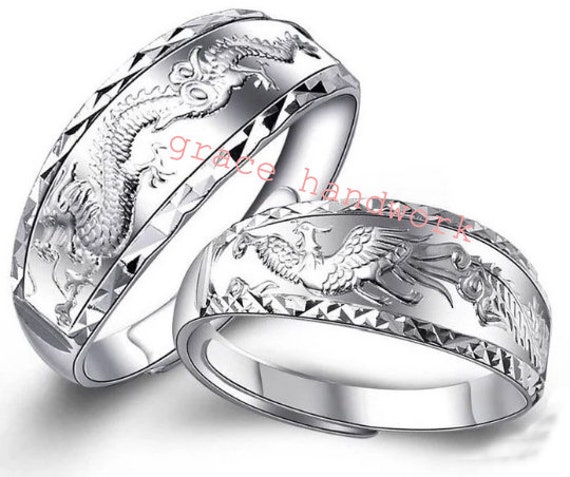Dragon Phoenix Couple Adjustable Rings 990 Silver Jewelry Opeing
