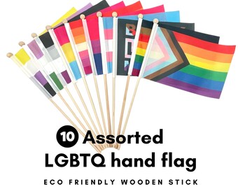 Assortment LGBTQ Pride hand flags wooden handle