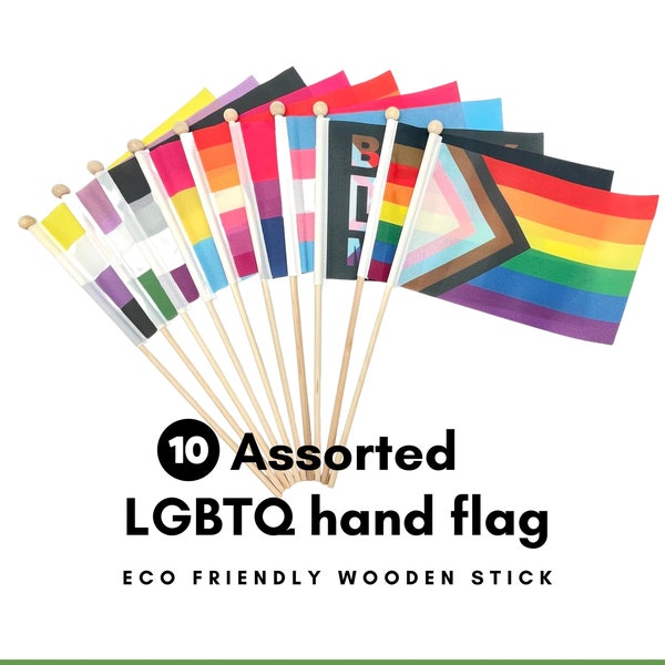 10 Drapeaux de fierté LGBTQ assortis Drapeau à main Eco Bâton en bois