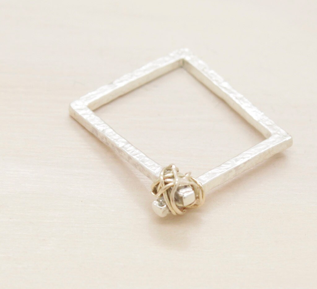 Handmade square silver minimal ring with gold, ring with texture and 9k gold thread nut