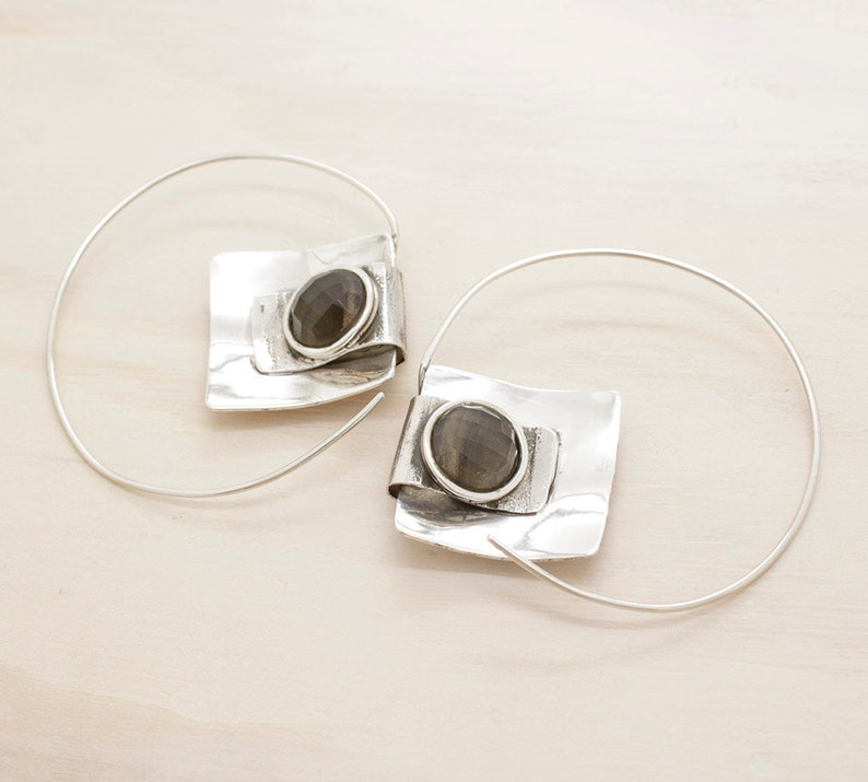 oversize earrings with gemstones Handmade silver and smoky quartz hoops with texture