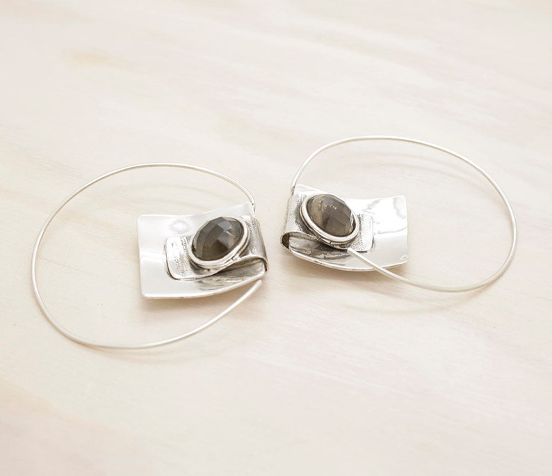 oversize earrings with gemstones Handmade silver and smoky quartz hoops with texture