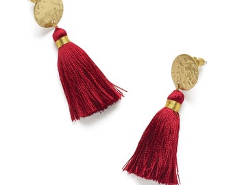 Handmade Red Silk Tassel Earrings, Golden Brass, Bohemian Jewelry