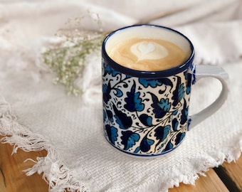 Handmade Blue White Ceramic Mug Palestinian Folklore Art Floral Tea Coffee Mug Ethnic Traditional Housewarming Gift #giftsthatgiveback