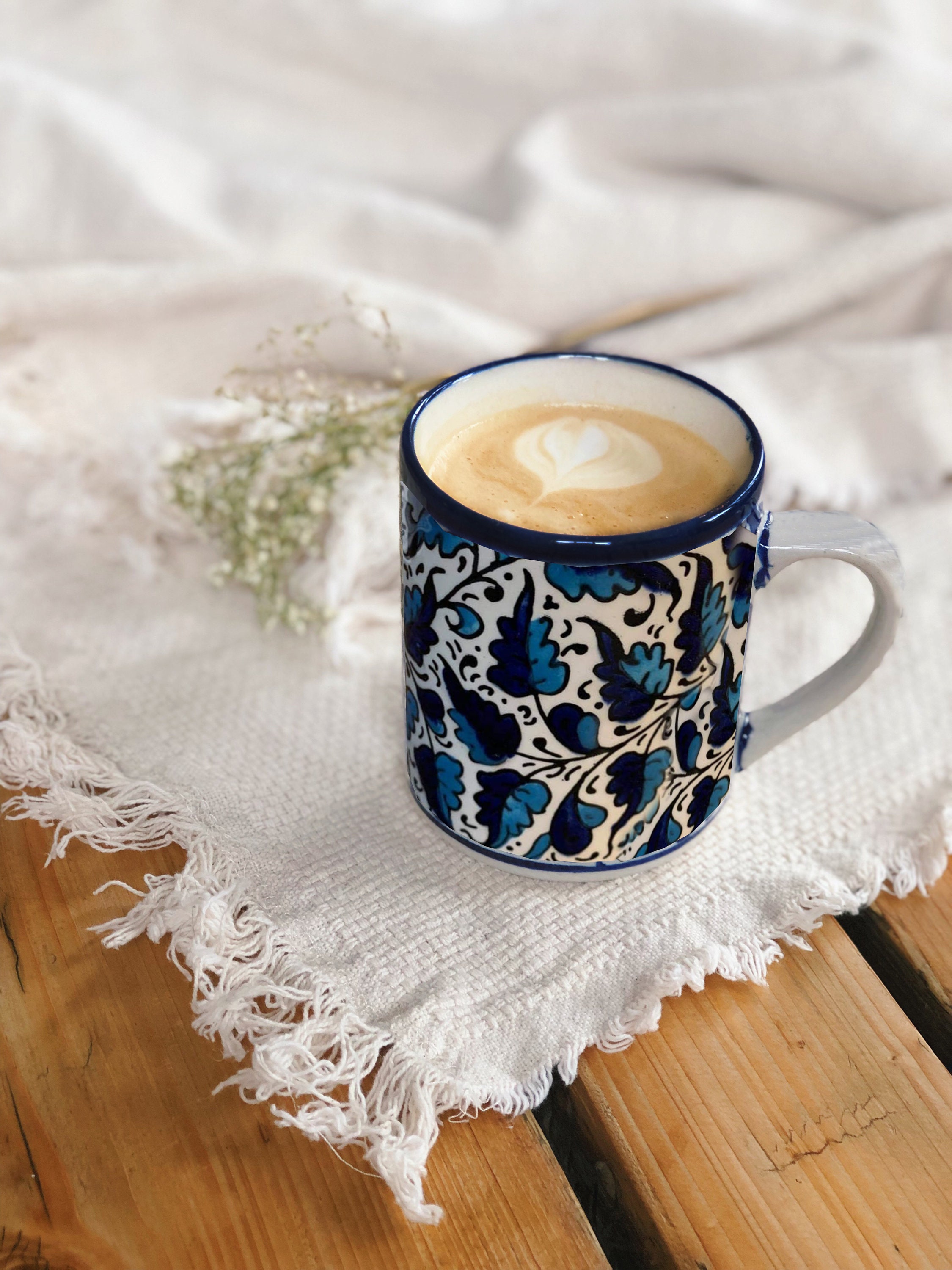 Fait à La Main Bleu Blanc Céramique Mug Folklore Palestinien Art Floral Thé Café Ethnique Traditionn