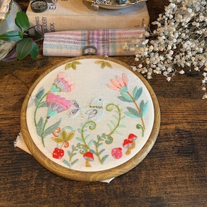 Flower and bird Embroidery Fabric panel, Hand Embroidery. perfect for beginners