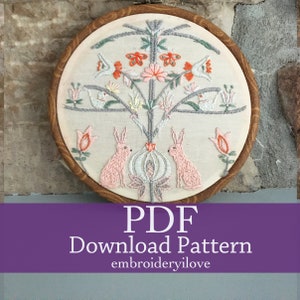 Leuke moderne volkskunst Konijn Ontwerp Hand borduurwerk Download Patroon - Instant Download - levensboom en haas ontwerp