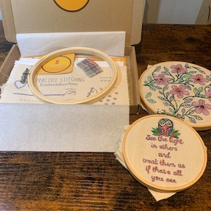 Double embroidery kit - 2 designs - embroidery. modern purple flower Design . Kind words embroidery kit - see the light in others- uplifting