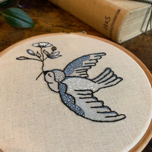 Embroidery Hoop Art - Blue Sparrow embroidery Printed fabric panel