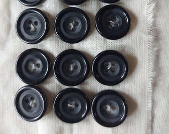 19mm Black Horn Buttons with Shiny Rim: 4-Hole Set of 12