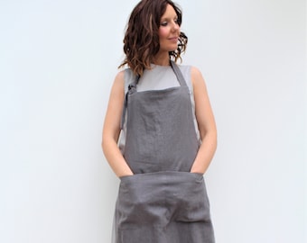 Handmade Linen Apron: Pewter Grey Full Apron with Pockets