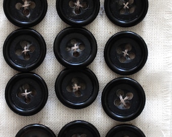 23mm Black Horn Buttons with Shiny Rim: 4-Hole Set of 12