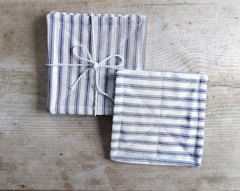 Set of 6 Blue/White French Ticking Cotton Coasters