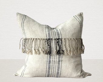 Linen Cushion Covers with Fringes and Stripes/ Boho Style Cushion Covers- Stone Washed Linen
