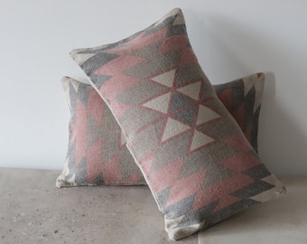 Gift Set: Set of 2 Heavy Linen Kilim Print Cushion Covers- Small Size- Stone Washed Linen - Decorative Pillows-50x30cm