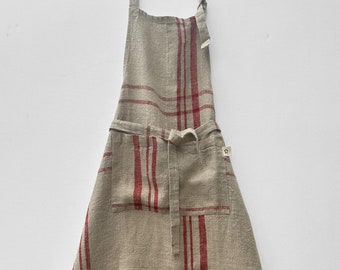 Rustic Linen Full Apron/ Heavy Linen Apron/Chef Apron/Holiday Linen Apron/Farmhouse style Apron- Red Checks