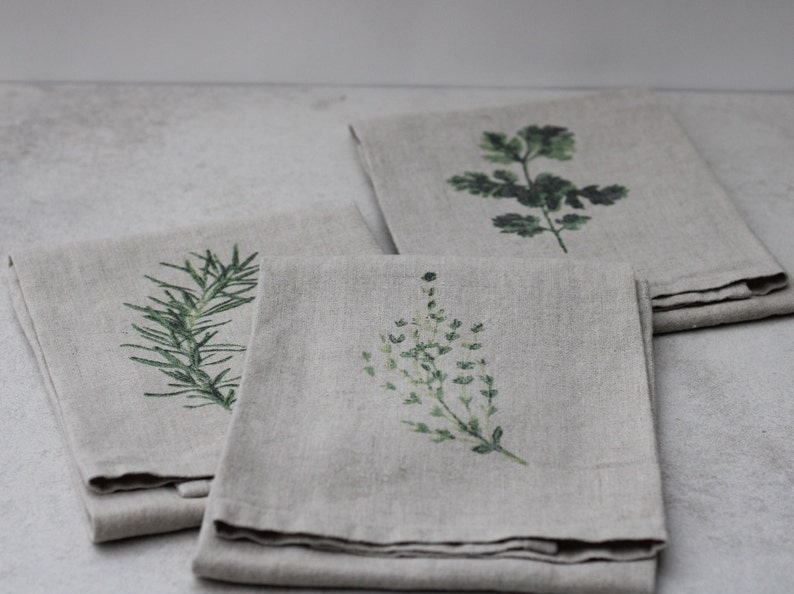 Set of 3 Linen Tea Towels/Dish Towels Herbs Print Gift Set image 5