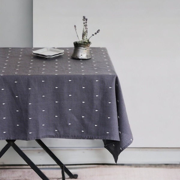Linen Table Cloth with Teardrop Embroidery - Graphite and Ivory