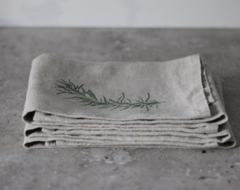 Gift Set:  Set of 3 Linen Tea Towels with Herb Prints- Natural - Housewarming Gift