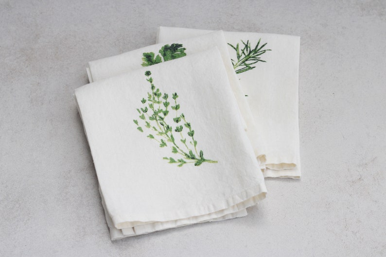 Set of 3 Linen Tea Towels/Dish Towels Herbs Print Gift Set Ivory