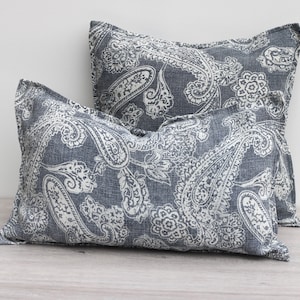 Linen Paisley Print Cushion Covers Stone Washed Linen Decorative Pillows Blue and Ivory image 1