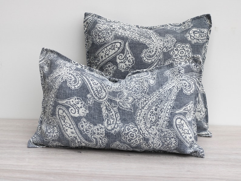 Linen Paisley Print Cushion Covers Stone Washed Linen Decorative Pillows Blue and Ivory image 1