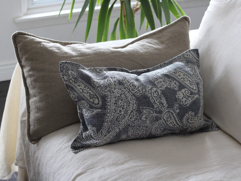 Linen Paisley Print Cushion Covers Stone Washed Linen Decorative Pillows Blue and Ivory image 6